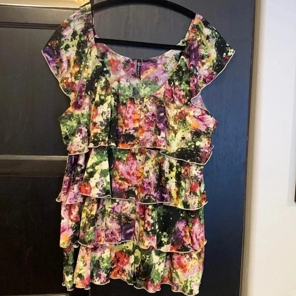 Milano Floral Tiered Ruffle Blouse in Purple, Pink, Green, Black